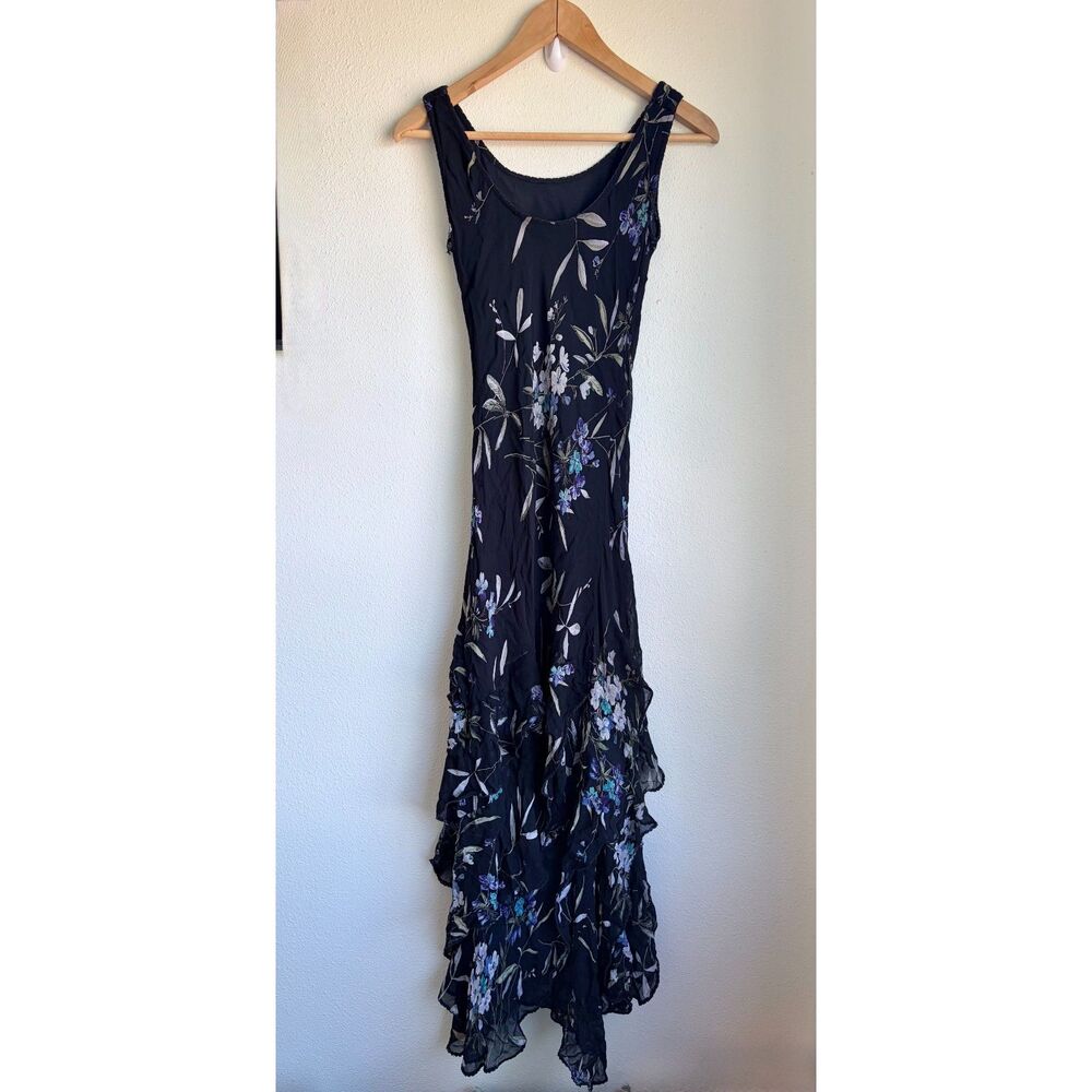 MAJICK Vtg 90s Asymmetrical Ruffle Black Beaded Floral Midi Dress Womens Medium